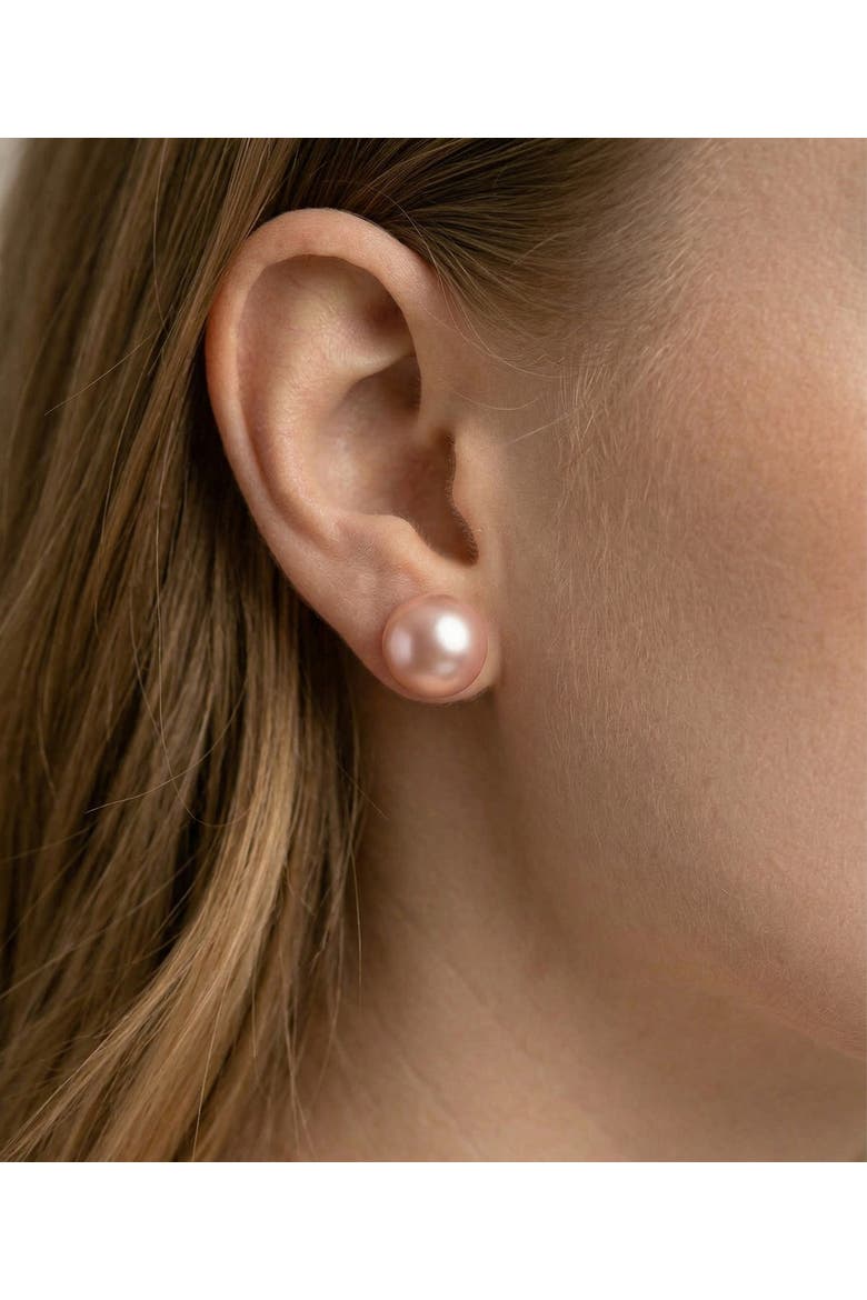 11mm Pink Freshwater Round Pearl Stud Earrings, Alternate, color, Yellow Gold