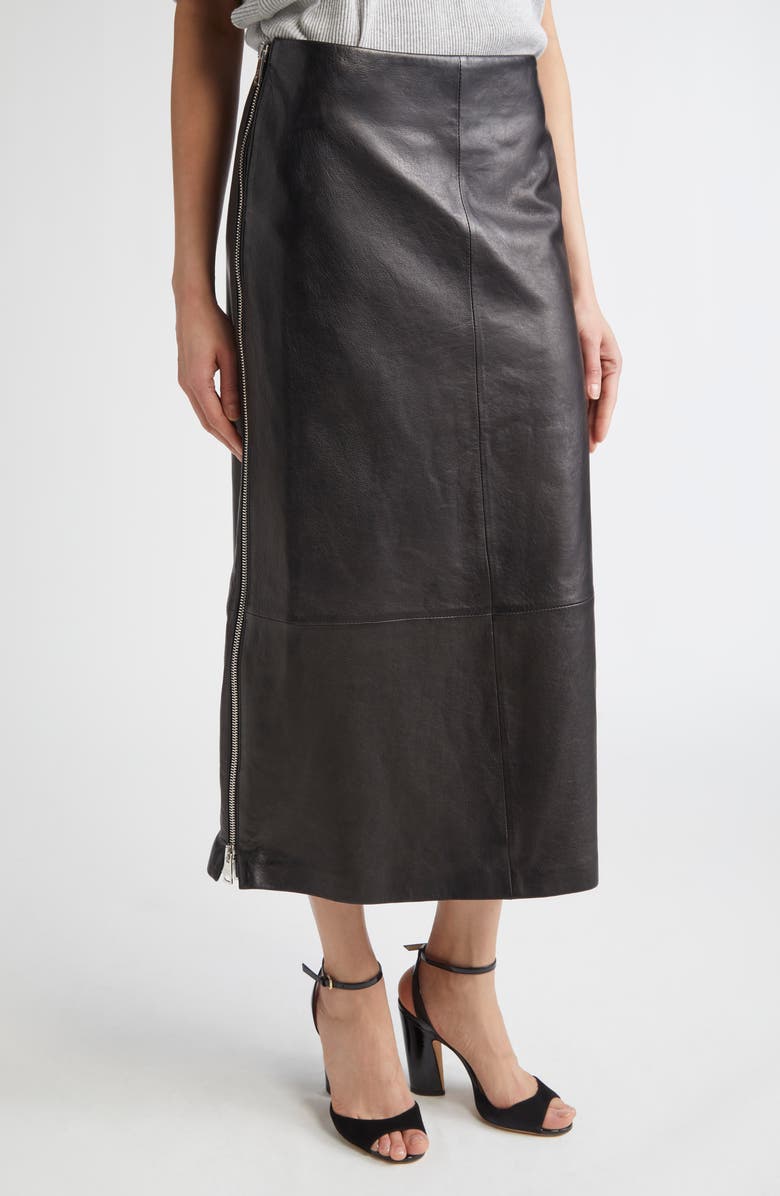 Brandon Maxwell Leather Midi Skirt, Main, color, Black