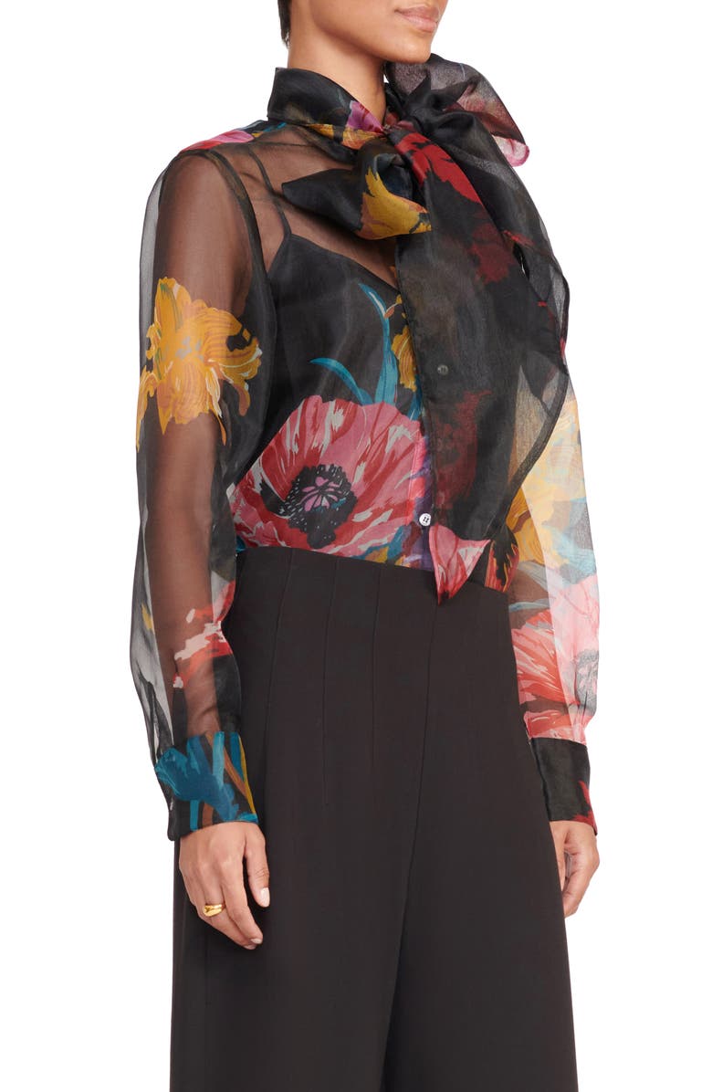 STAUD Maryn Floral Print Tie Neck Organza Shirt, Alternate, color,