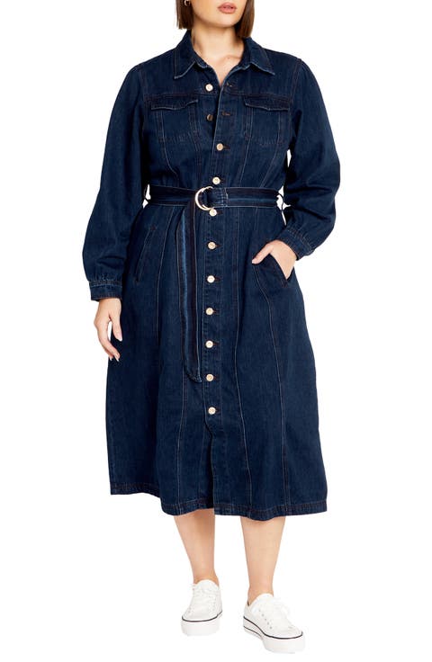 Oaklyn Belted Long Sleeve Denim Dress (Plus)