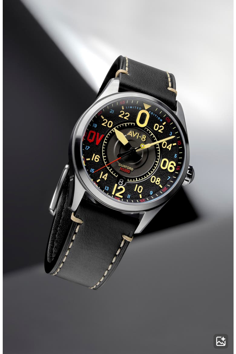 x Imperial War Museums Spitfire N3200 Automatic Leather Strap Watch, 42mm, Alternate, color, BLACK