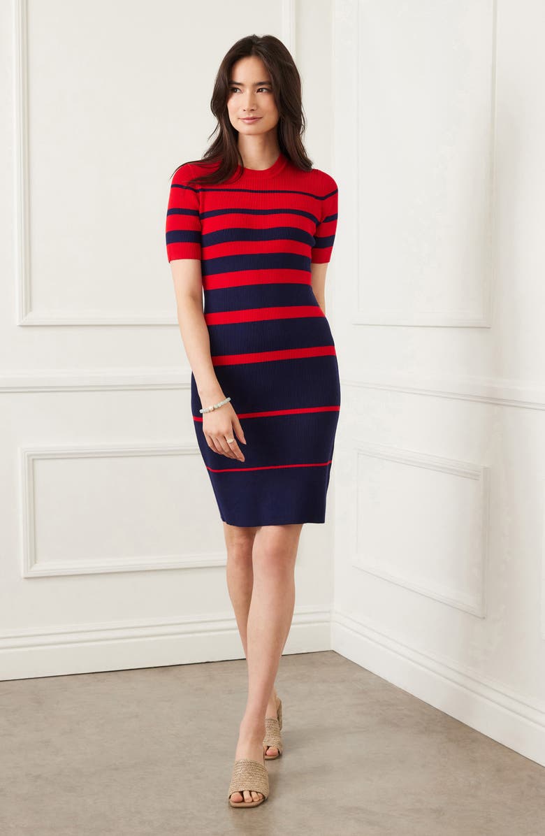 Karen Kane Rib Stripe Short Sleeve Sweater Dress, Alternate, color, Red