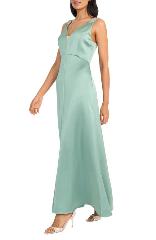 Maggy London Rhinestone Trim Satin Gown In Jade/dsage