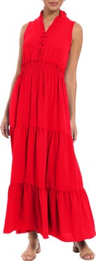 London Times Ruffled Smocked Tiered Maxi Dress