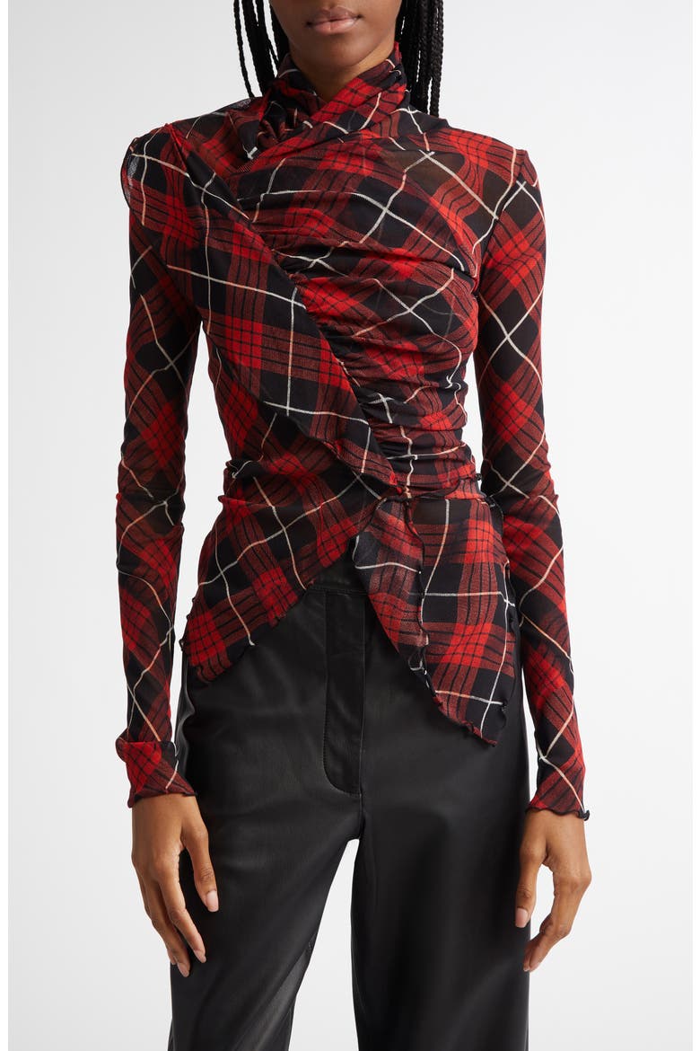 Draped Plaid Long Sleeve Mesh Top, Main, color, RED/ BLACK/ WHITE