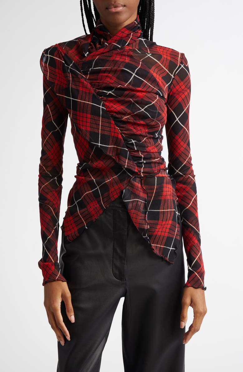 Jean Paul Gaultier Draped Plaid Long Sleeve Mesh Top, Main, color, 