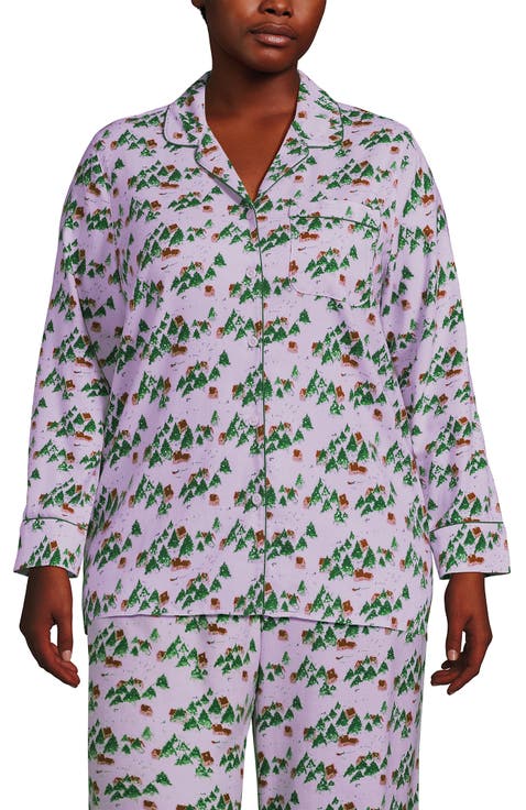 Plus Size Long Sleeve Print Flannel Pajama Top