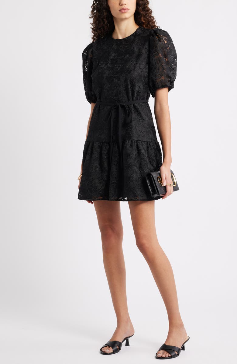 Caslon<sup>®</sup> Lace Puff Sleeve Tiered Minidress, Alternate, color, Black
