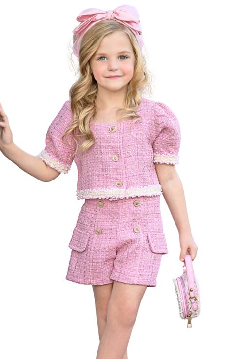 Girls Blue Gingham Puff Sleeve Tweed Top and Short Set (Toddler, Little Kid & Big Kid)