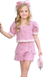 Mia Belle Girls Girls Blush Pearl Puff Sleeve Tweed Top and Short Set