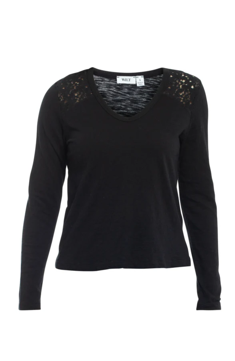 WILT Clothing V-Neck Long Sleeve Mixed Media Tee with Lace Inset, Alternate, color, Black