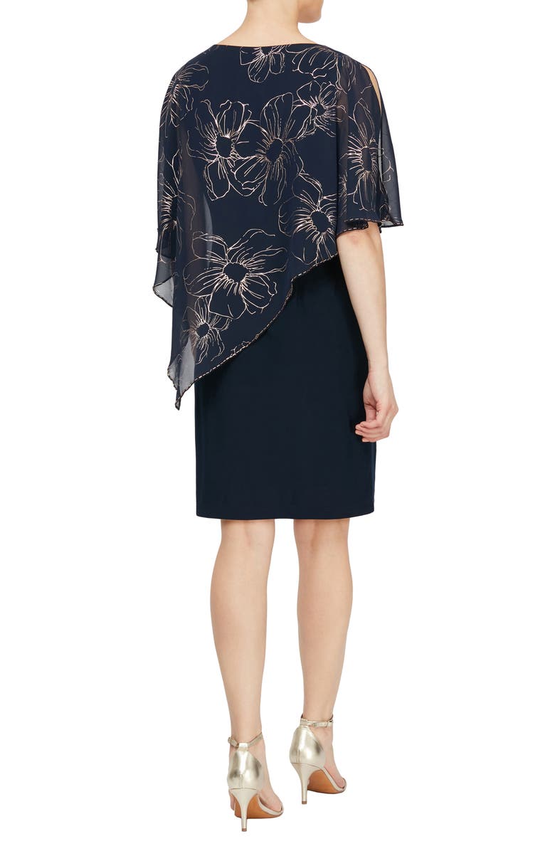 SL FASHIONS Foil Floral Print Asymmetrical Overlay Cocktail Dress, Alternate, color, Navy/ Rose Gld