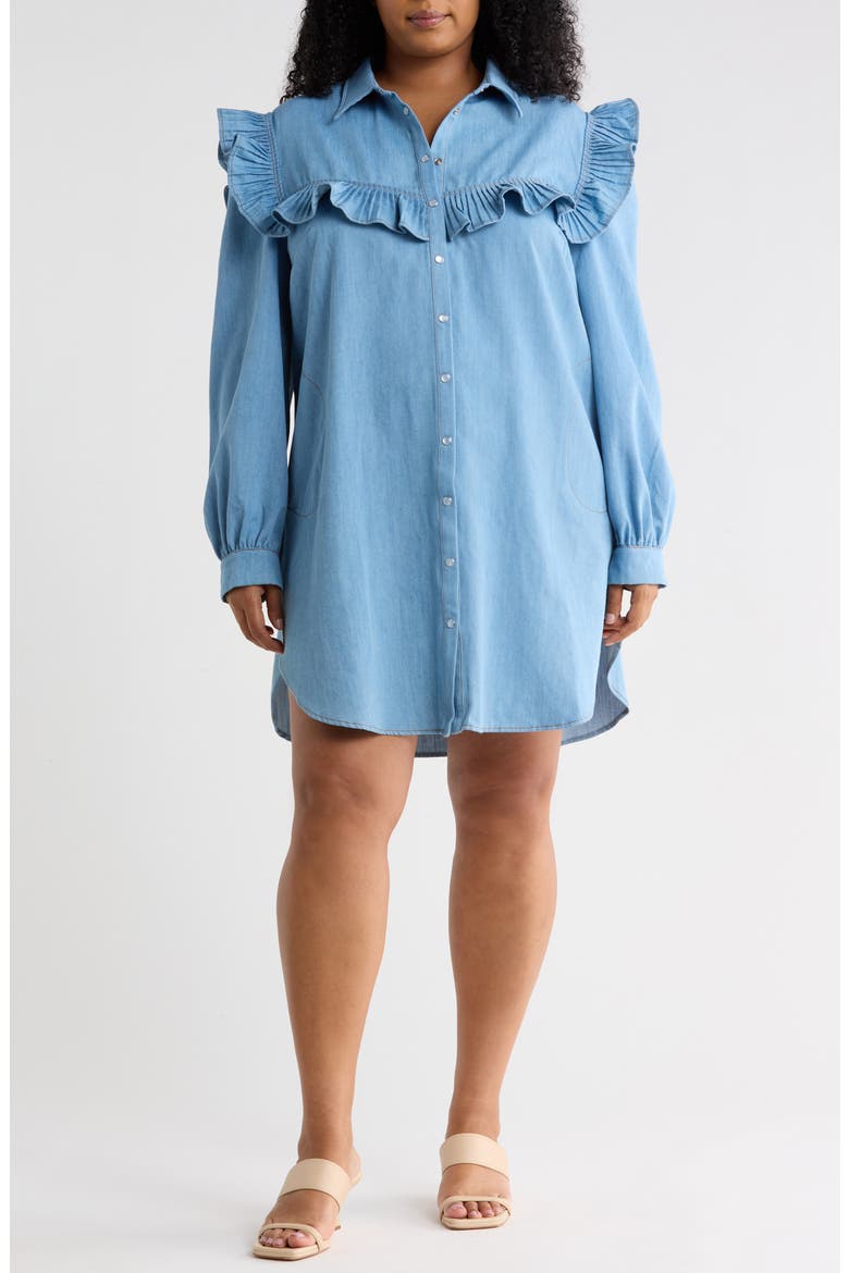 Parker Ruffle Denim Babydoll Shirtdress, Main, color, LIGHT DENIM