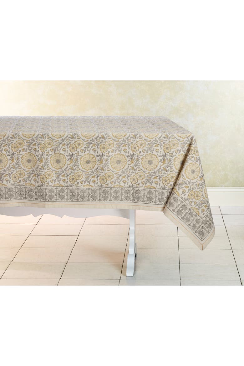 Hand Block Printed Tablecloth - 60" x 60", Alternate, color, Bloom Wheat