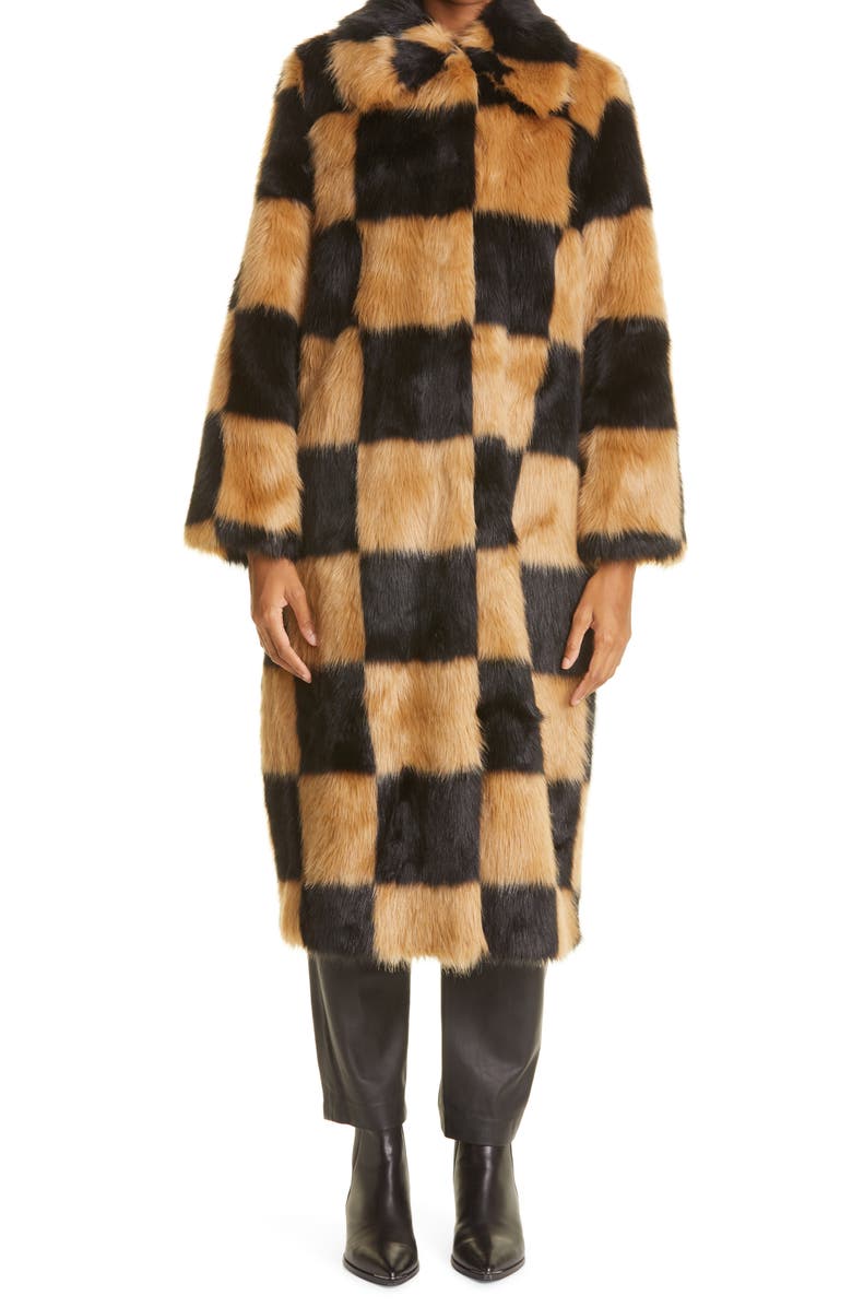 Stand Studio Nino Long Checkerboard Faux Fur Coat, Main, color, 