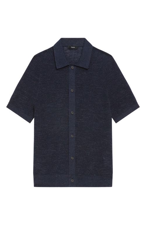 Theory Short Sleeve Linen Button Down Shirt In Blue