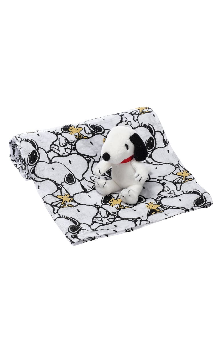 Lambs & Ivy Snoopy Muslin Swaddle Blanket & Mini Plush Newborn Baby Gift Set, Main, color, White
