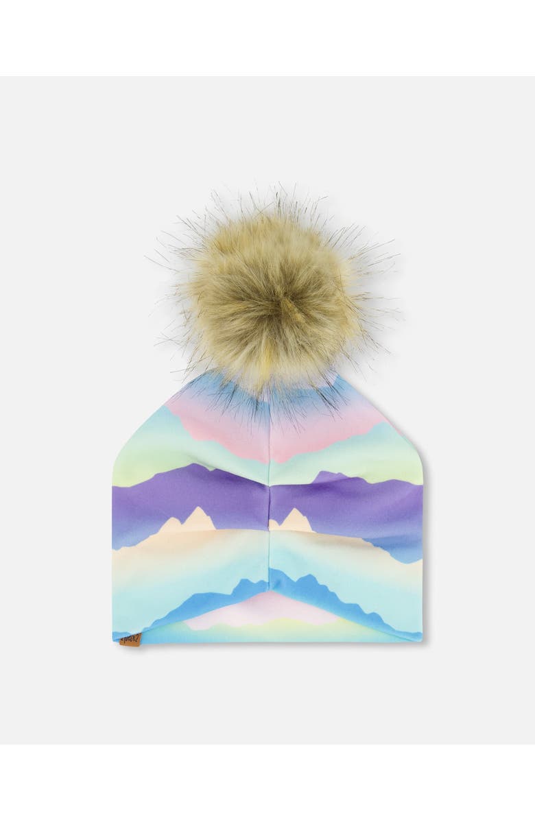 Deux par Deux Baby Girl's Printed Jersey Detachable Pompom Hat Mauve And Blue, Pink Mountain, Alternate, color, 