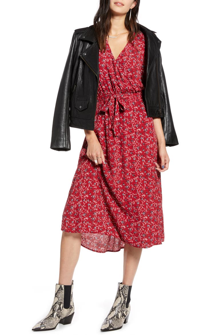 Blouson Midi Dress, Main, color, RED DAHLIA MINI VINE LILY