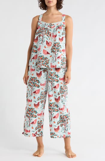 Printfresh Back To Bed Organic Cotton Poplin Cropped Pajamas In Blue
