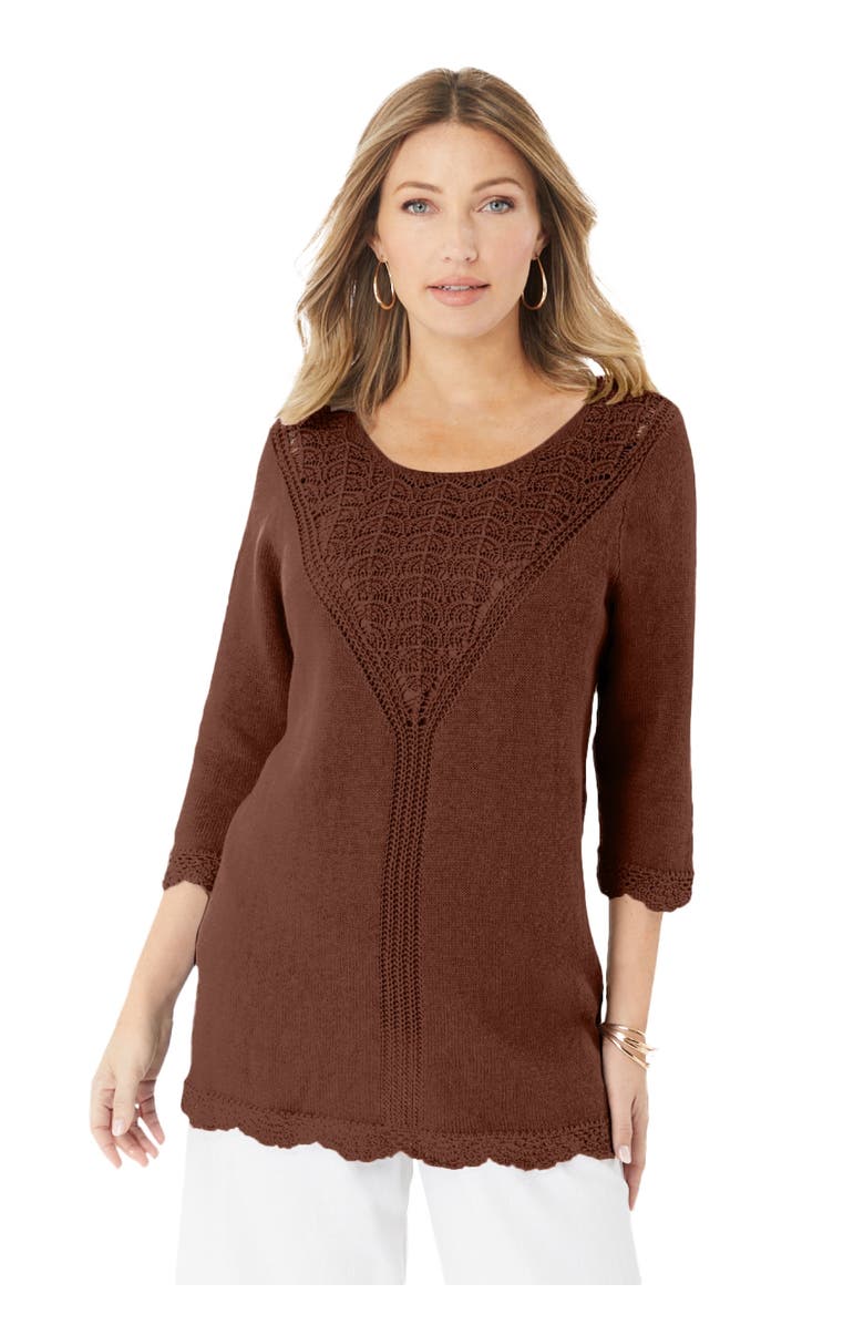 Roaman's Lace Knit Pullover Sweater, Main, color, Rich Brown