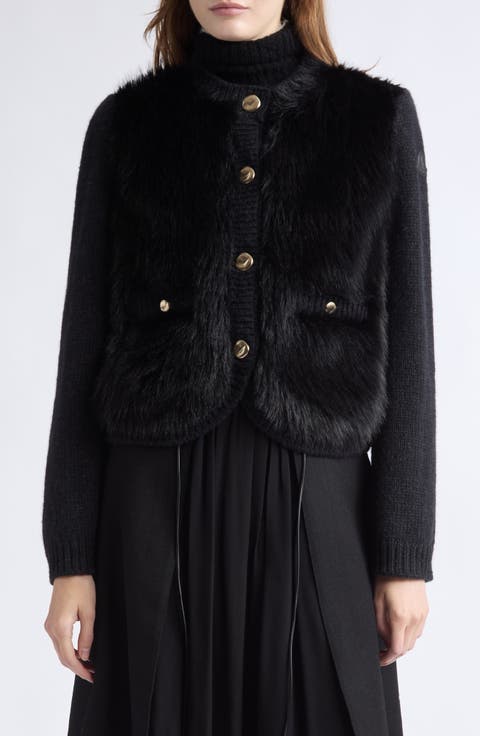 Mixed Media Alpaca & Wool Blend & Faux Fur Puffer Cardigan