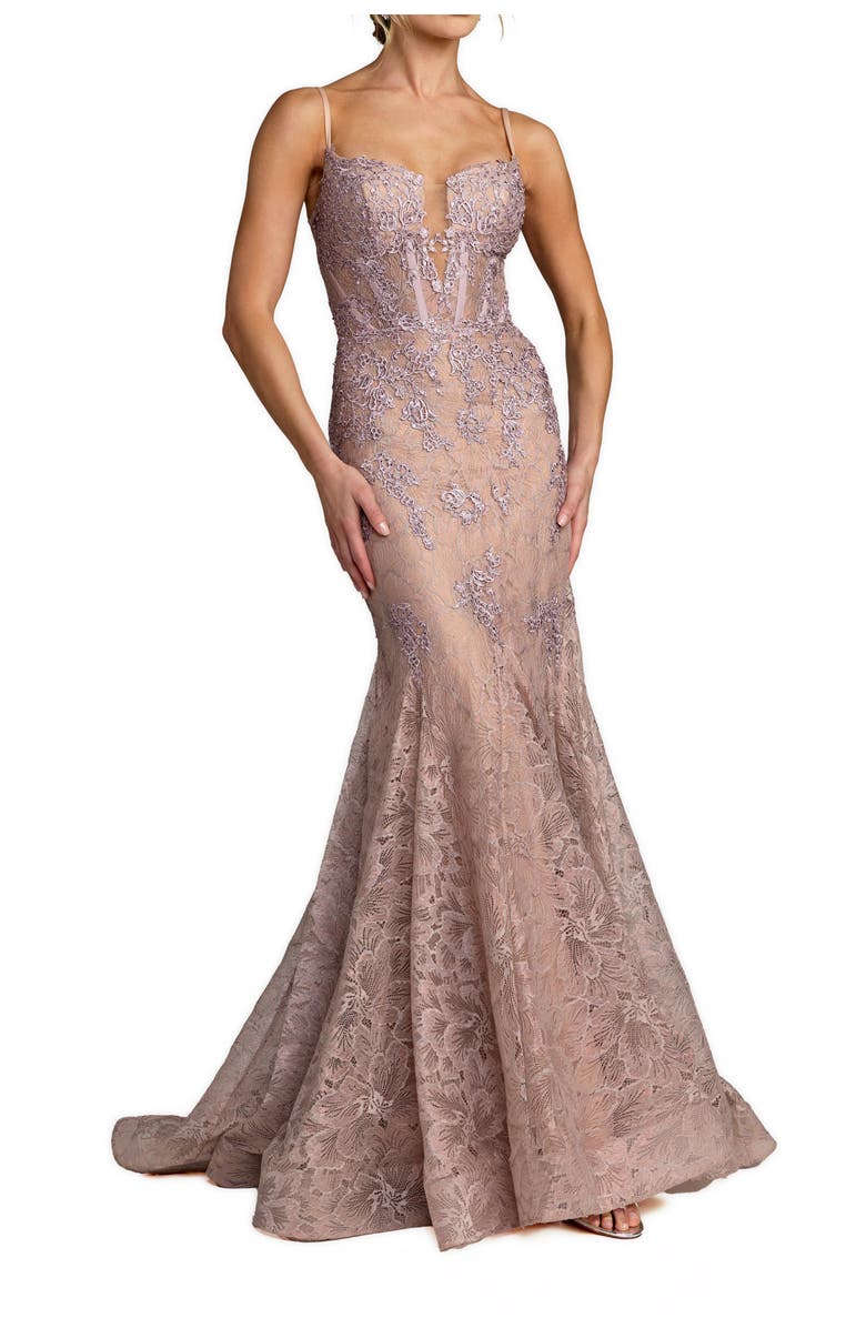 Mac Duggal Embroidered Lace Sleeveless Mermaid Gown, Main, color, Vintage Lilac