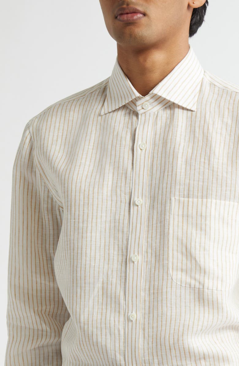 ISAIA Superlino Stripe Linen Button-Up Shirt, Alternate, color, White/ Yellow