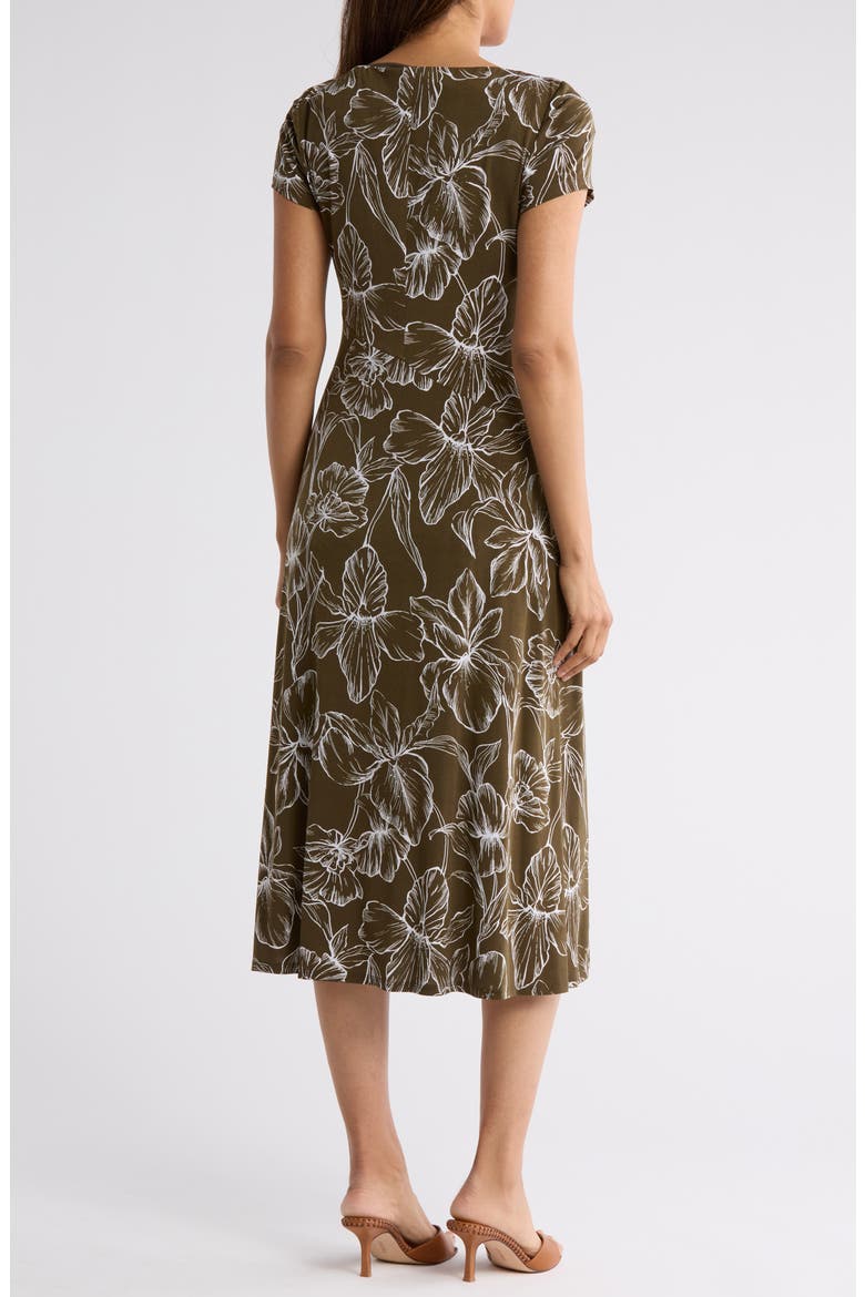 Floral Short Sleeve A-Line Midi Dress, Alternate, color, OLIVE