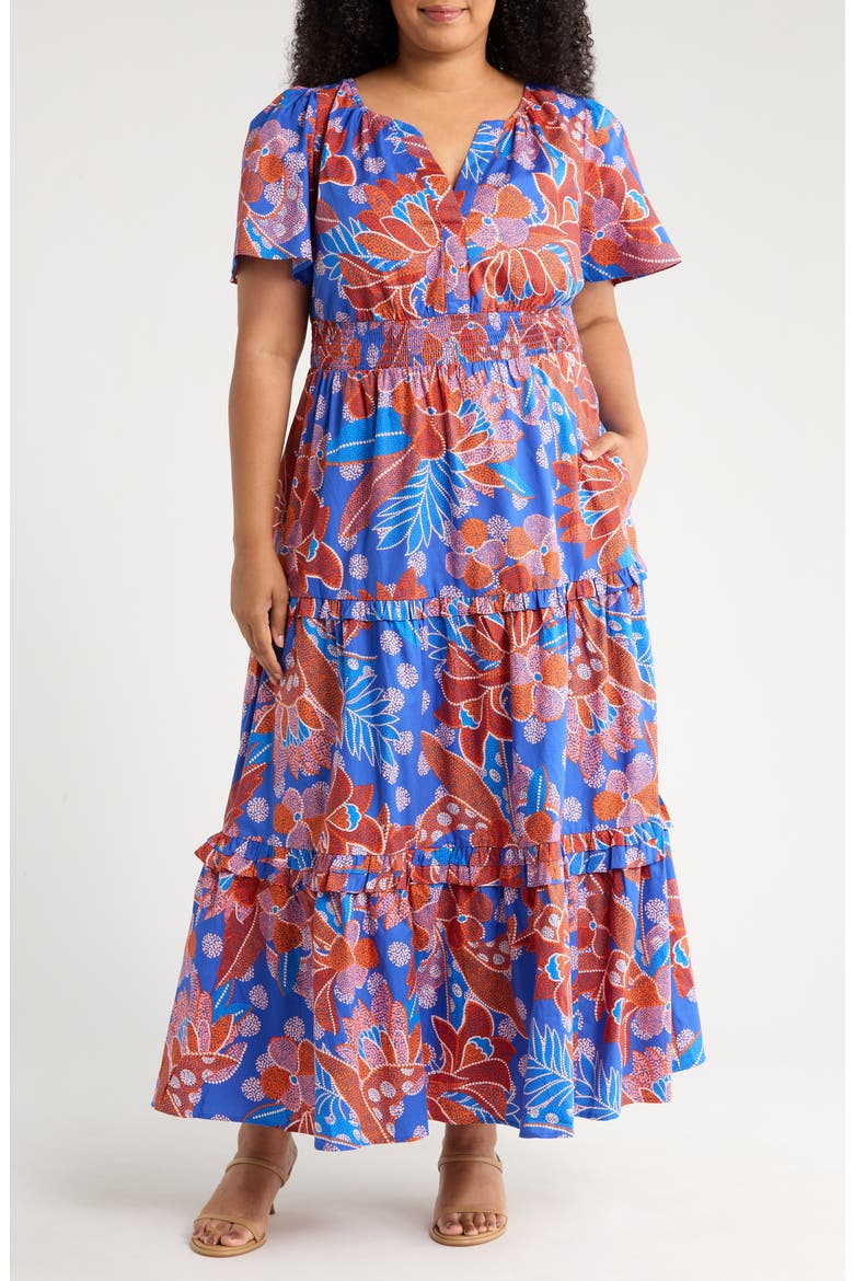 Amazonia Floral Tiere Cotton Maxi Dress, Main, color, BLUE/ BURGUNDY