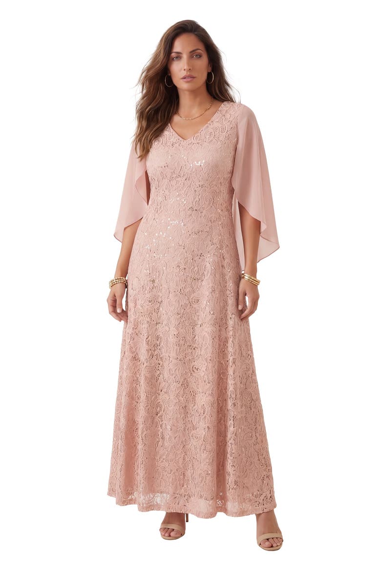 Plus Size Allover Lace Gown With Capelet, Main, color, PALE BLUSH