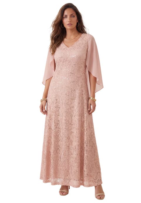 Plus-Size Allover Lace Gown With Capelet (Plus)