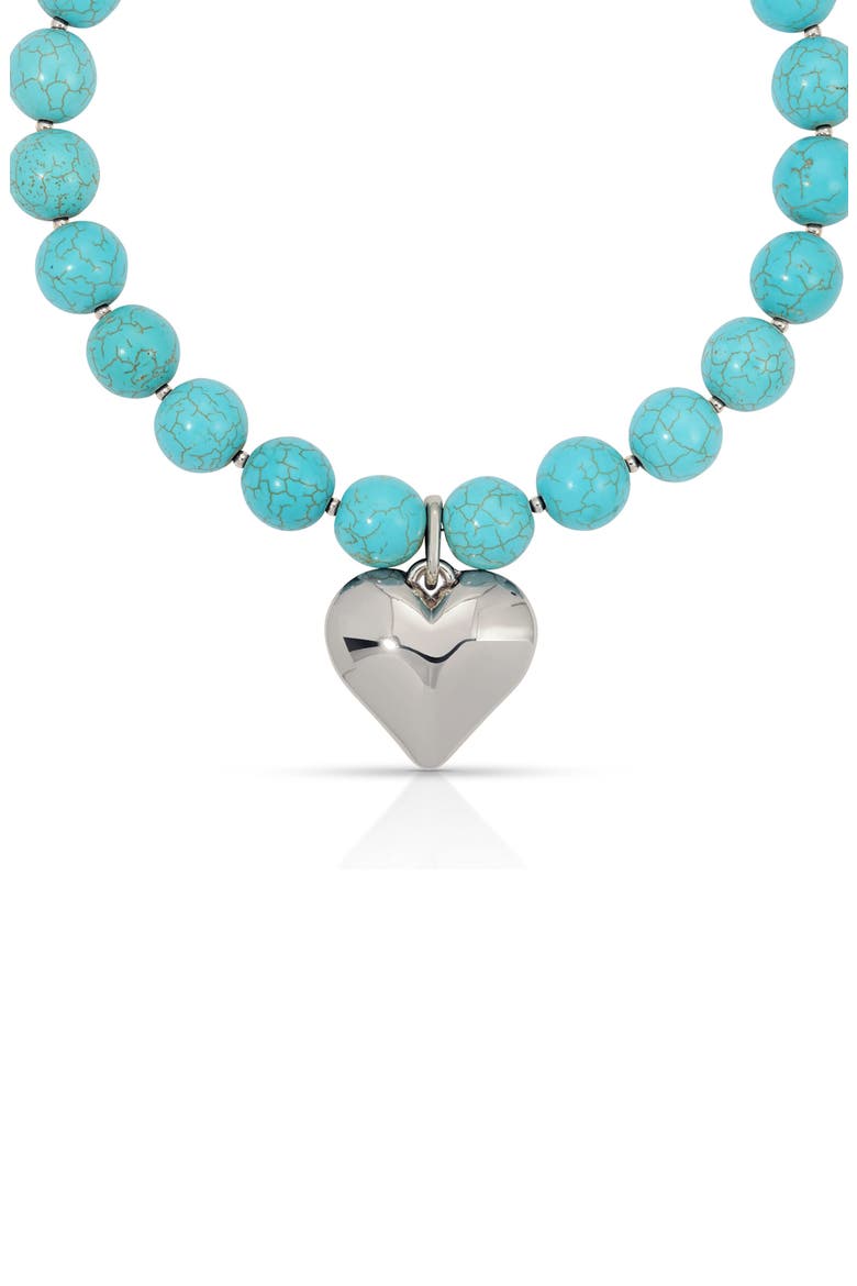 Luck & Love Stone Puffy Heart Pendant Necklace, Main, color, TURQUOISE AND SILVER