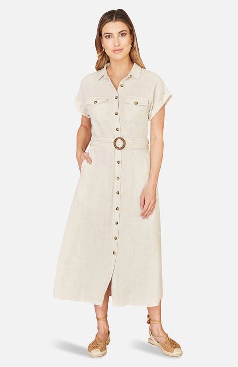 Viscose Linen Look Midi Shirt Dress