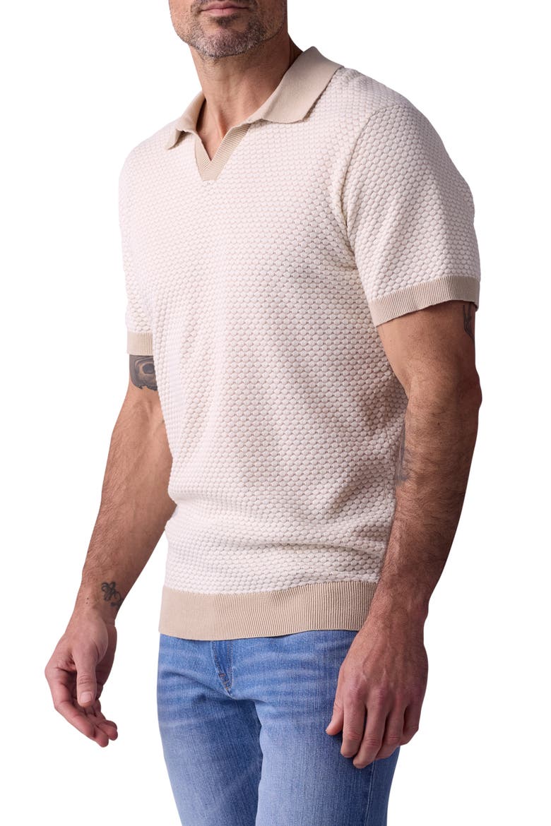 Robles Johnny Collar Textured Cotton Jacquard Polo Sweater, Alternate, color, IVORY/ KHAKI