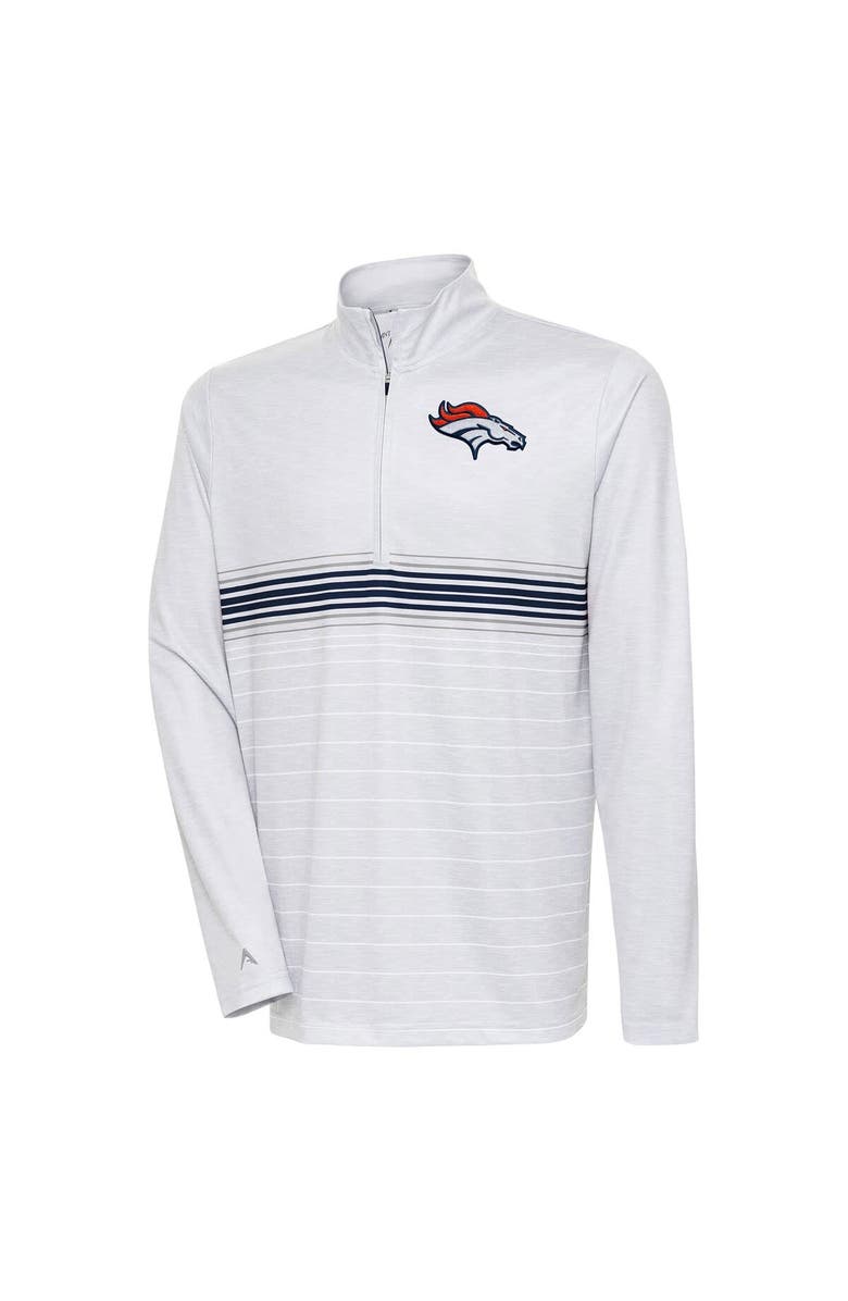 ANTIGUA Men's Antigua Heather Gray/Navy Denver Broncos Bullseye Quarter-Zip Pullover Top, Main, color,