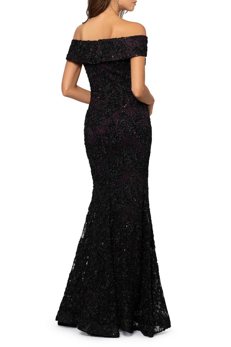 Off the Shoulder Sequin Lace Trumpet Gown, Alternate, color, BLACK/ PLUM