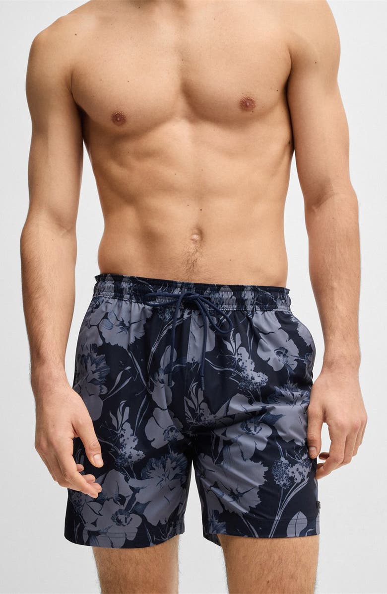 BOSS Alain Floral Stretch Swim Trunks, Alternate, color, Navy