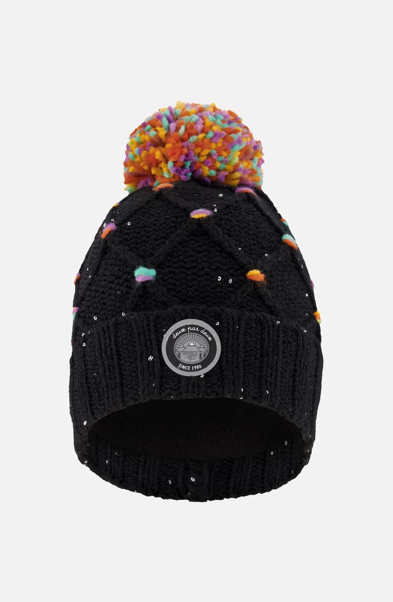 Deux par Deux Lined Knit Pompom Hat with Little Sequins, Main, color, Black And Multicolor