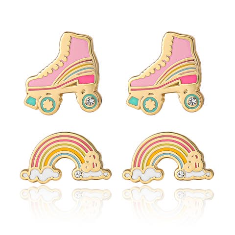 18k Gold Flash-Plated Skates and Rainbow Stud Earrings, 2-Pack