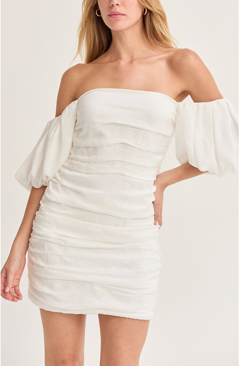 CRESCENT Puff Sleeves Ruched Mini Dress, Alternate, color, Ivory