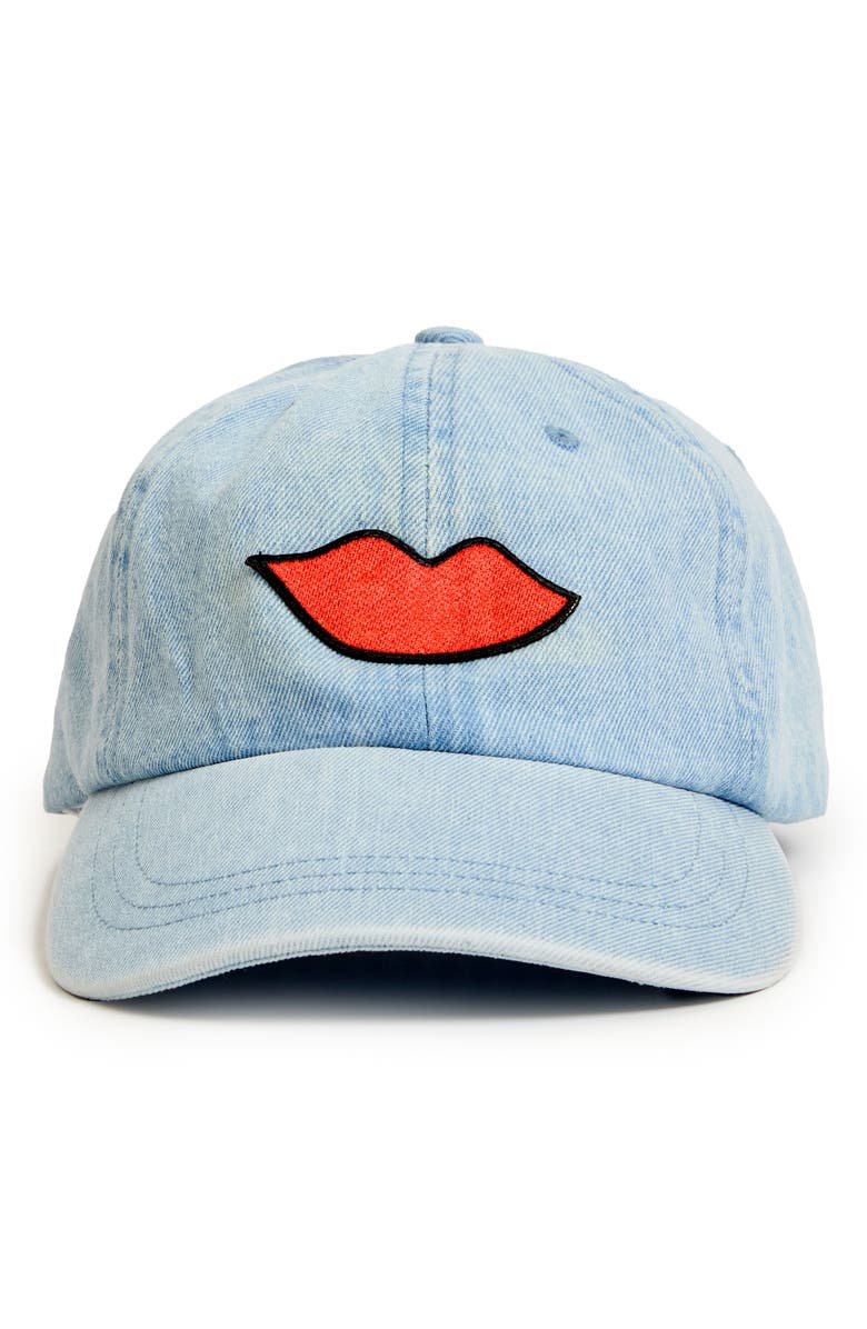 Clare V. Denim Baseball Cap, Main, color, Light Denim W Lips Patch