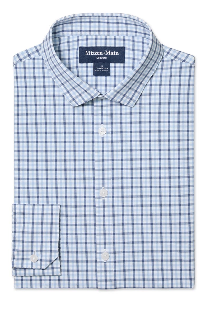 Leeward No Tuck Trim Fit Performance Button-Up Shirt, Alternate, color, CLOUD BLUE HUDSON PLAID