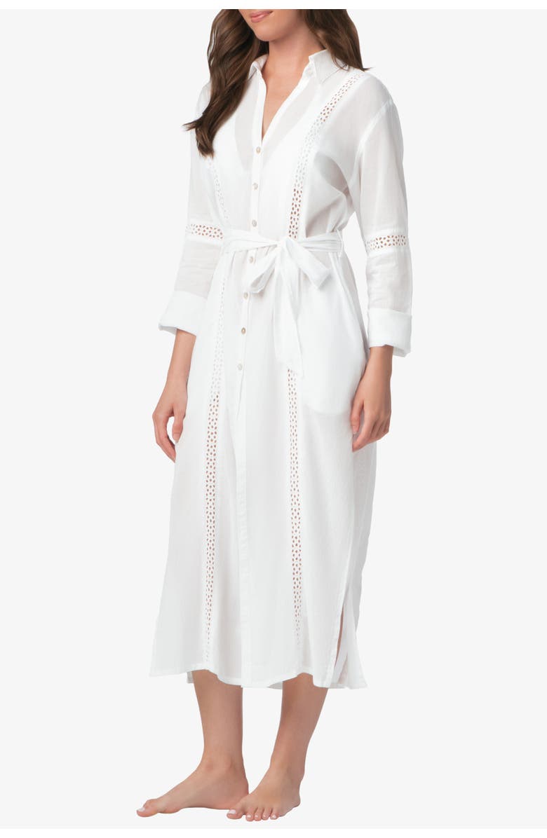HELEN JON Eyelet Trim Long Shirt Dress, Alternate, color, White