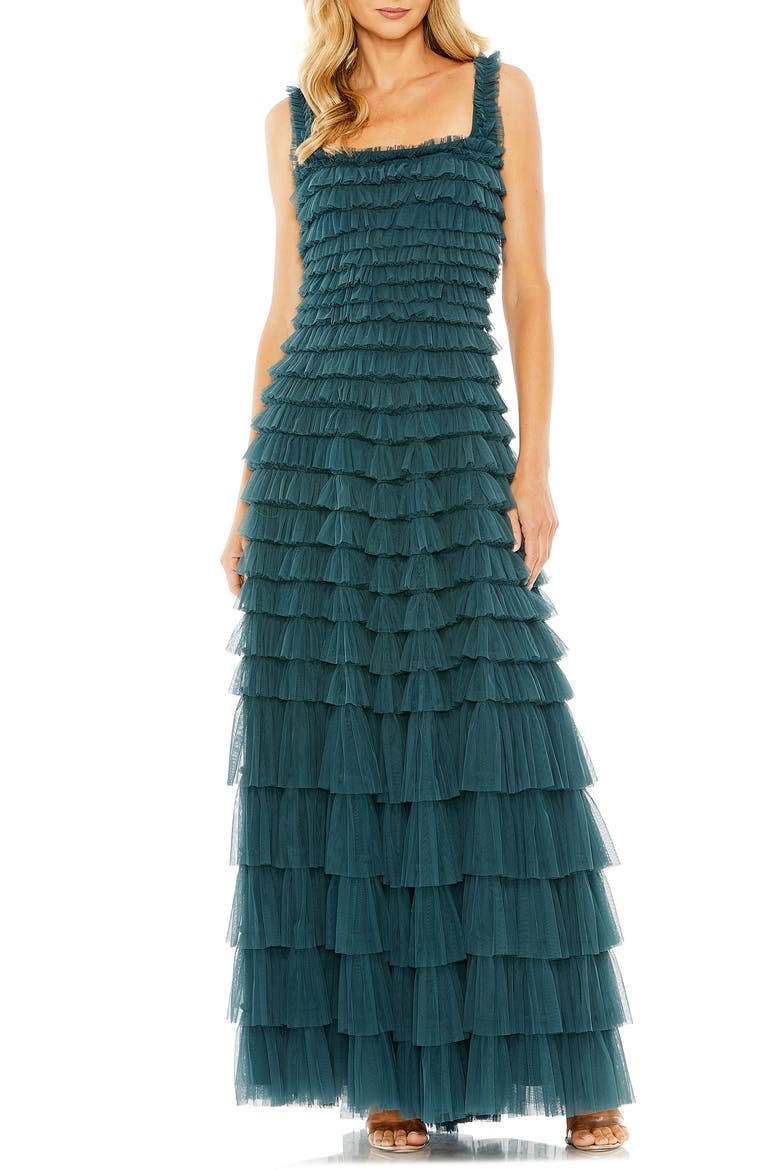 Ruffled Textured Sleeveless Mesh Gown, Main, color, TEAL