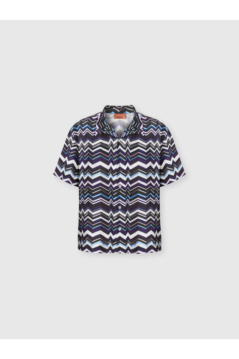 Bowling Shirt In Viscose With Zigzag Print, Main, color, Blue