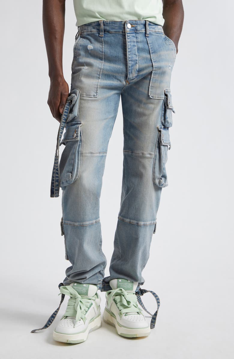 AMIRI Tactical Distressed Cargo Jeans, Main, color, Antique Indigo