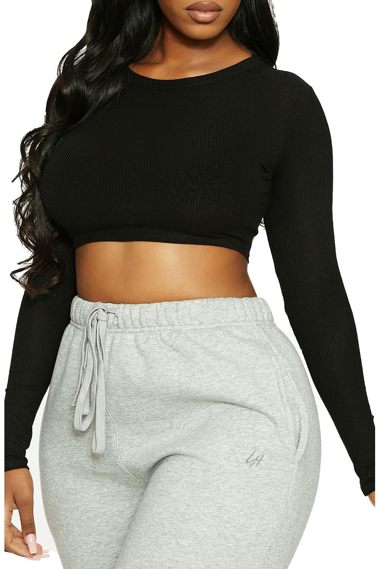 x Lori Harvey Crewneck Long Sleeve Rib Crop Top, Alternate, color, BLACK