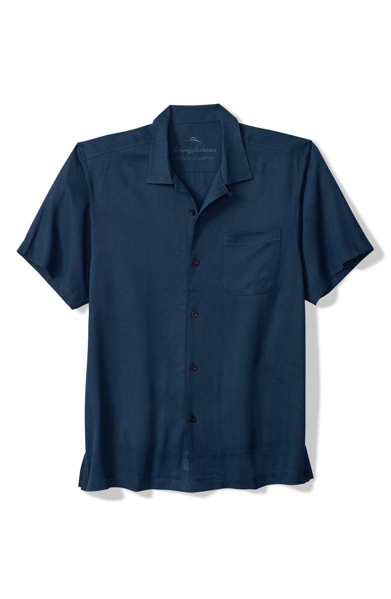 Tommy Bahama Harbor Luxe Silk Camp Shirt, Main, color, Navy