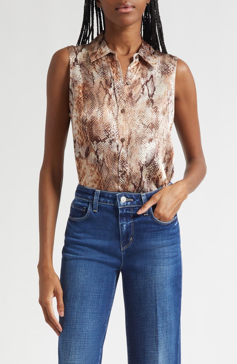 L'AGENCE Emmy Snakeskin Print Sleeveless Silk Shirt, Main, color, Tan Multi Western Snake